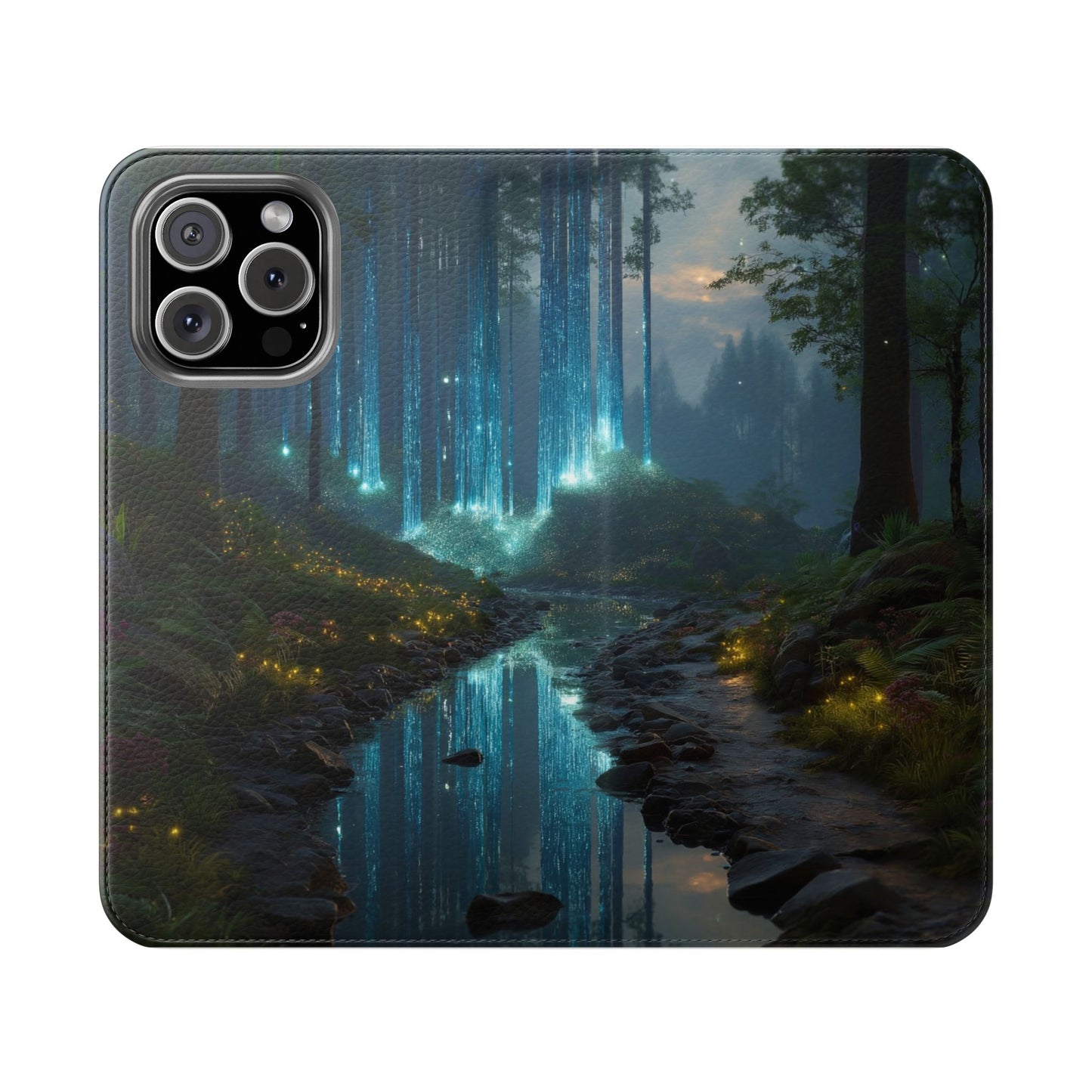 Bioluminescent Forest Flip Cases – Cyan Lightfall Stream Cover