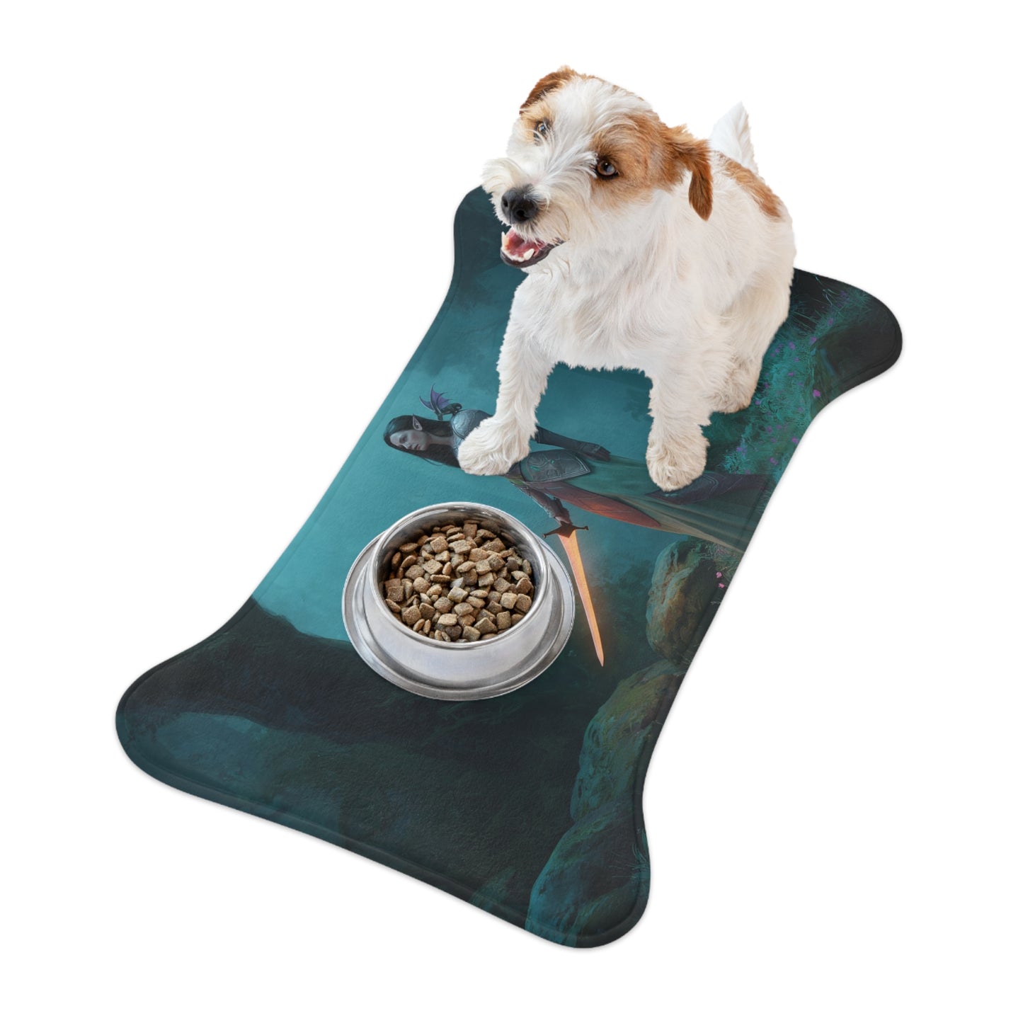 Guardian Elf Pet Feeding Mats – Mossy Forest Sentinel with Glowing Blade