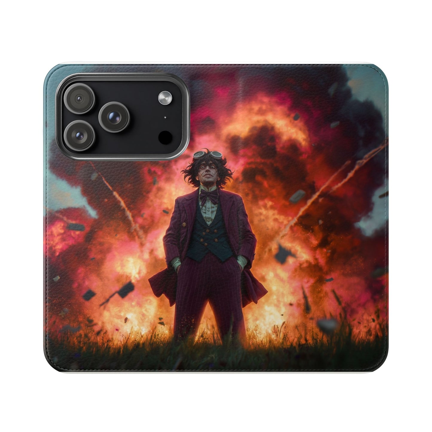 Goggles & Chaos Flip Cases – Purple Suit Amidst Fiery Explosion