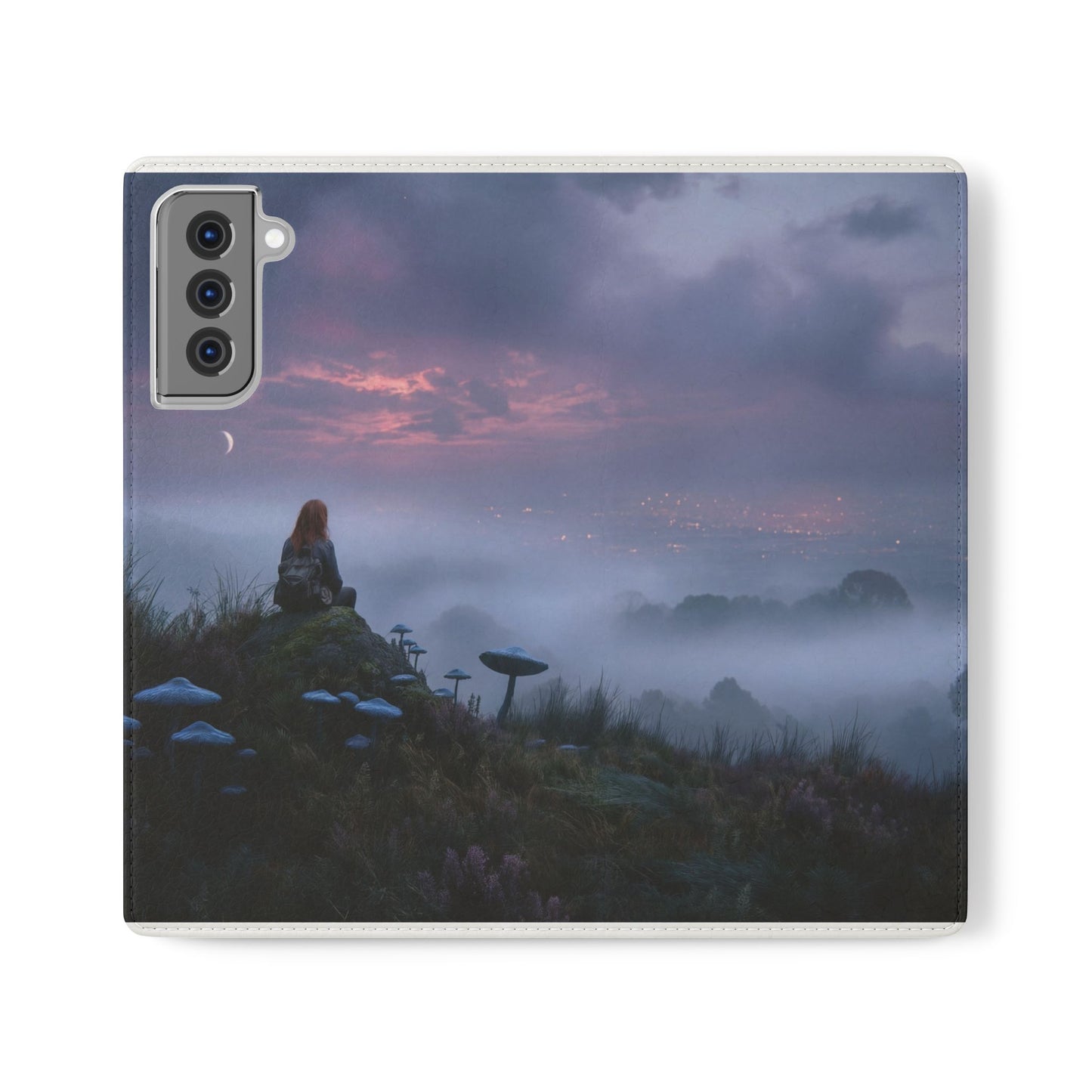 Misty Hilltop Flip Cases – Red-Haired Wanderer at Twilight