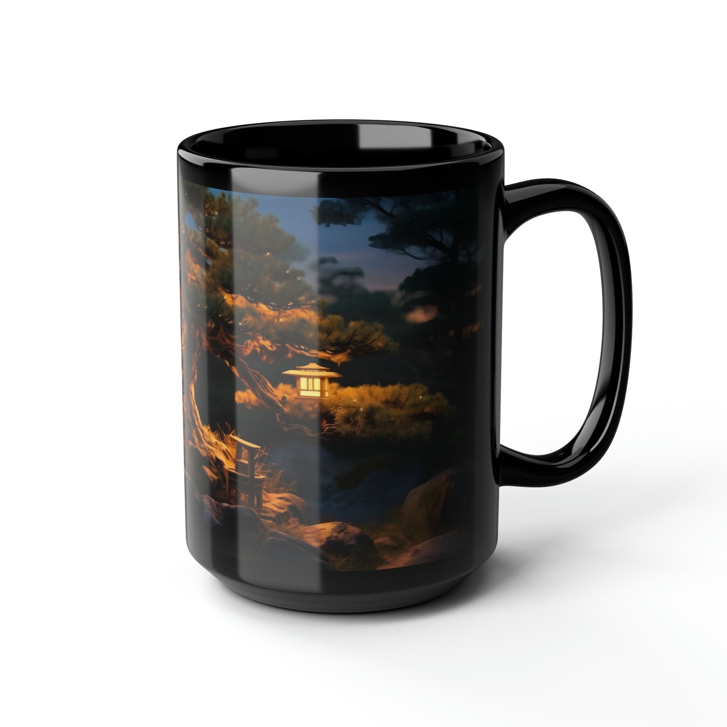 "An ancient bonsai pine tree adorned with paper lanterns, captured in the dim light of dusk, ultra-realistic, nature photography, Canon EOS R5." - Mug, Black