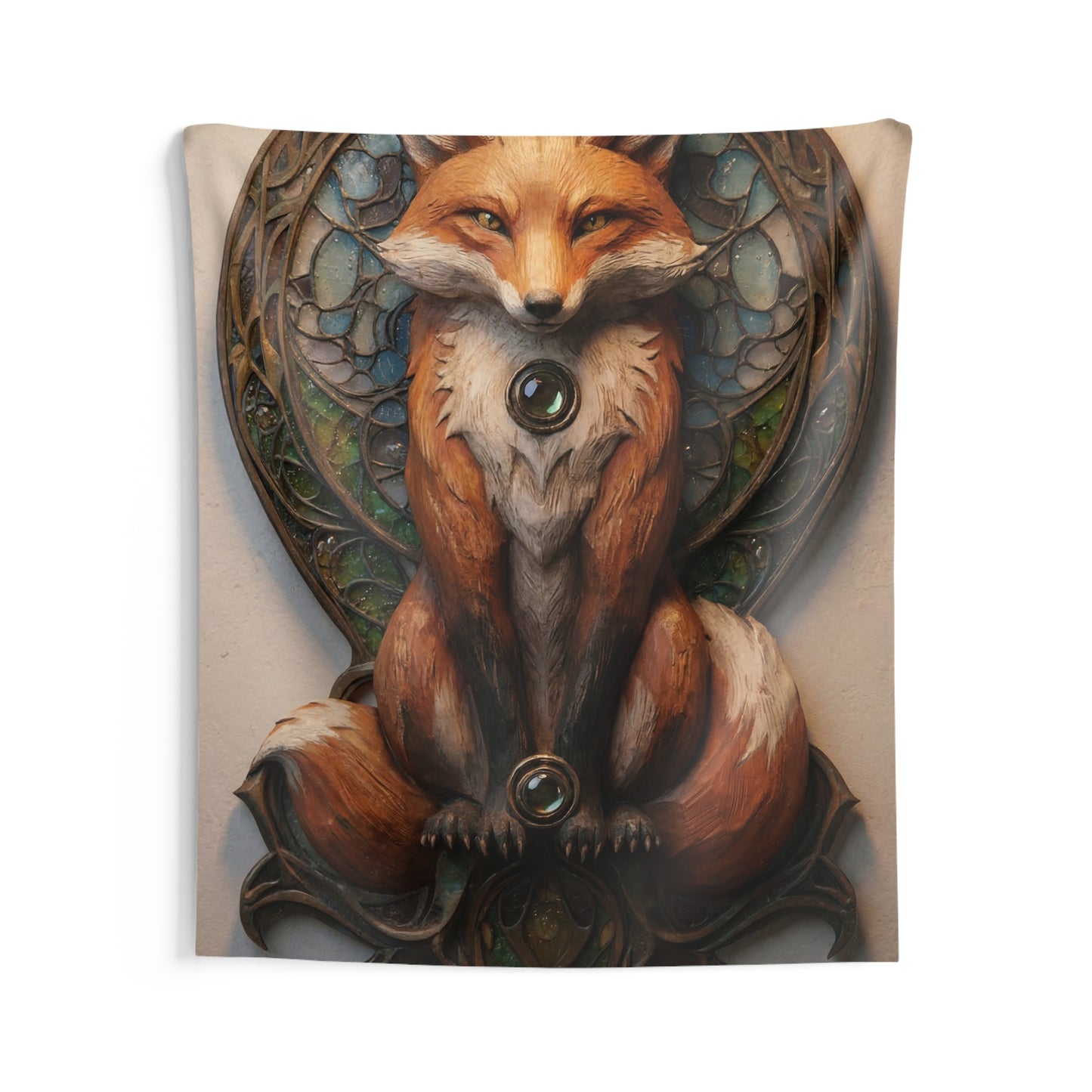 Fox Sentinel Wall Tapestry – Stained Glass Guardian in Warm Amber Light