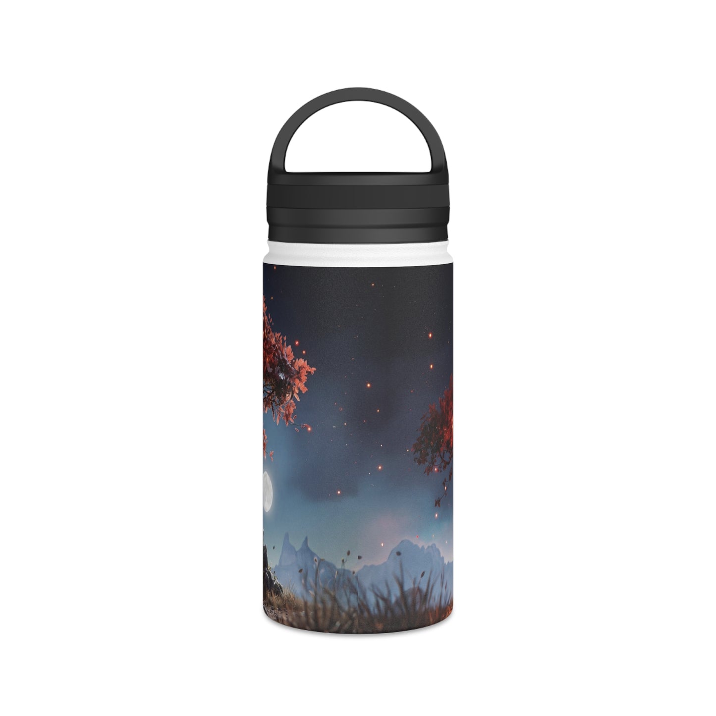 Whispering Flame Tree Stainless Steel Water Bottle, Handle Lid – Moonlit Campfire Sanctuary