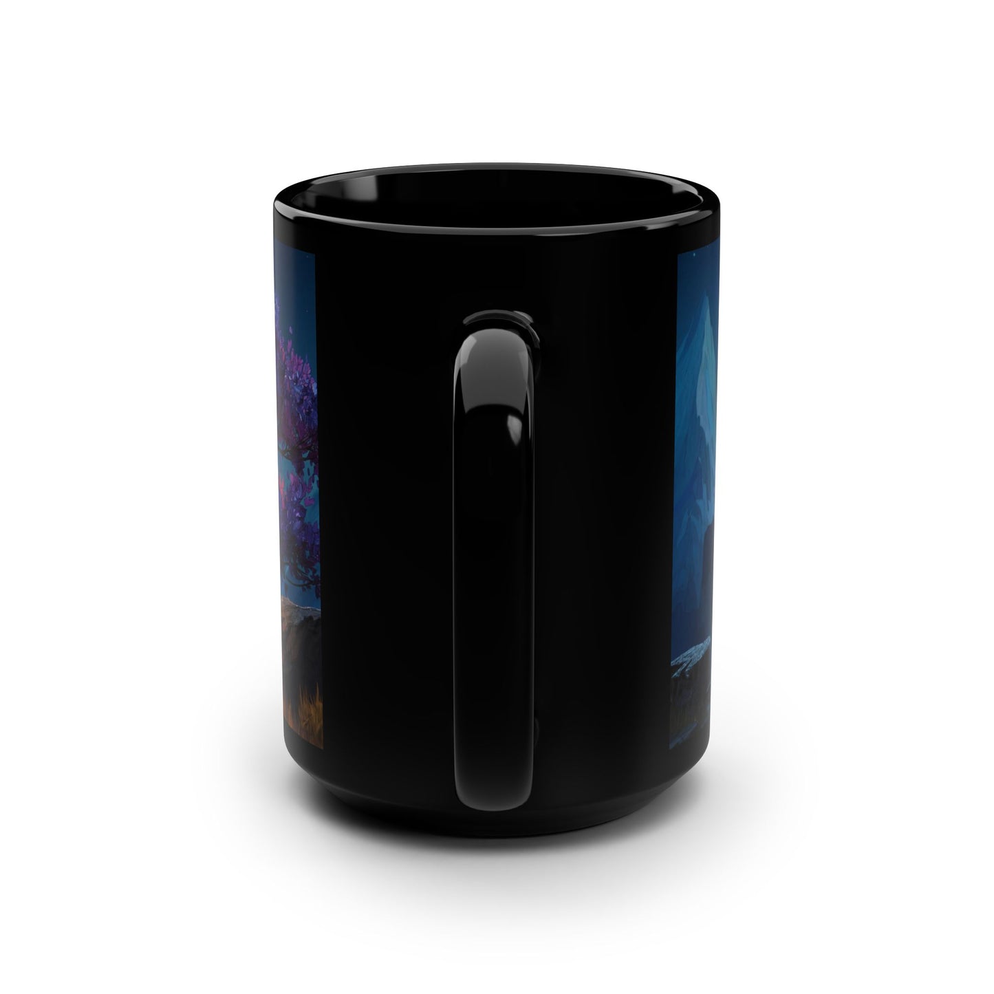 Twilight Bloom Black Mug, 15oz – Violet Canopy and Golden Glow