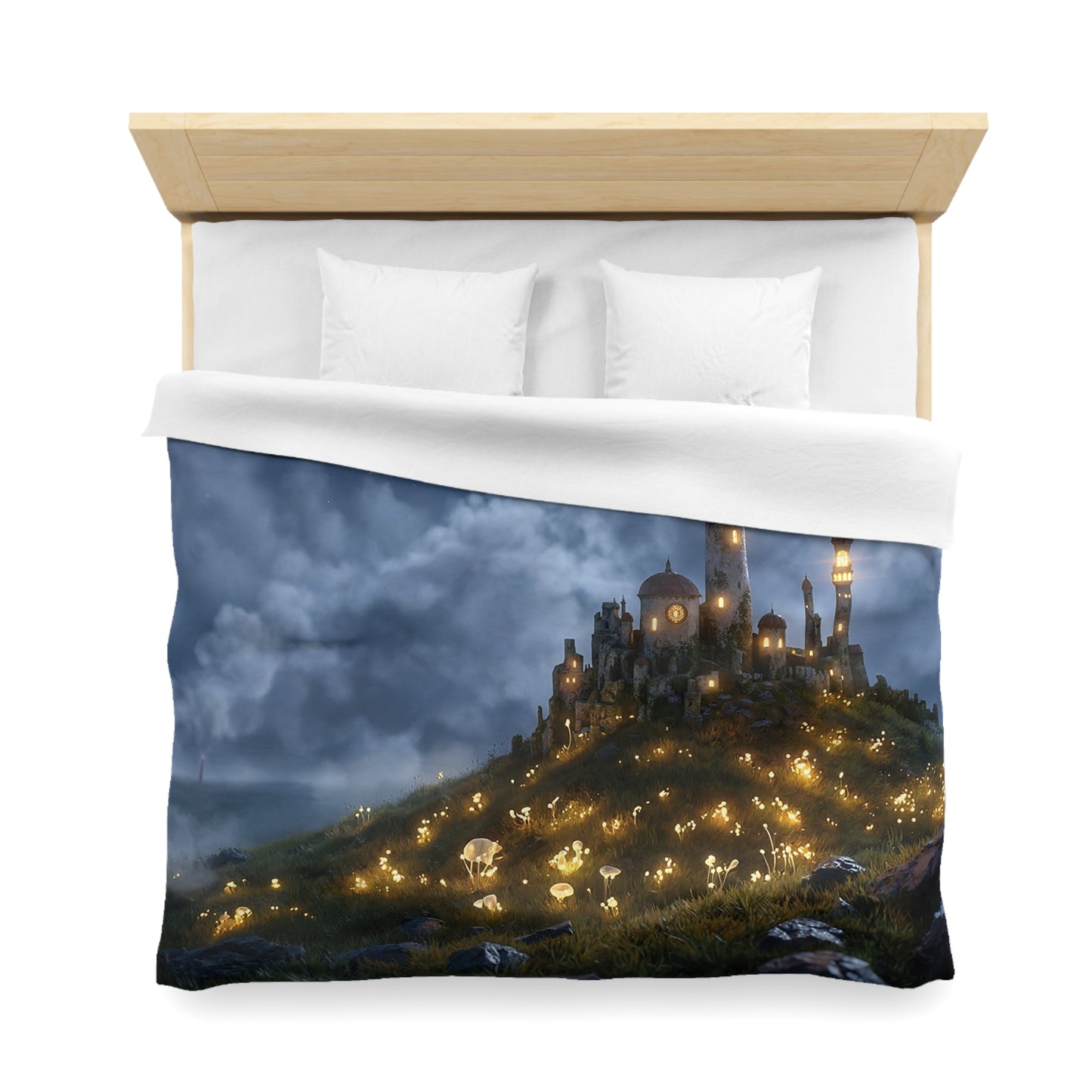 Luminous Castle Duvet Cover – Moonlit Sentinel on Whispering Hill