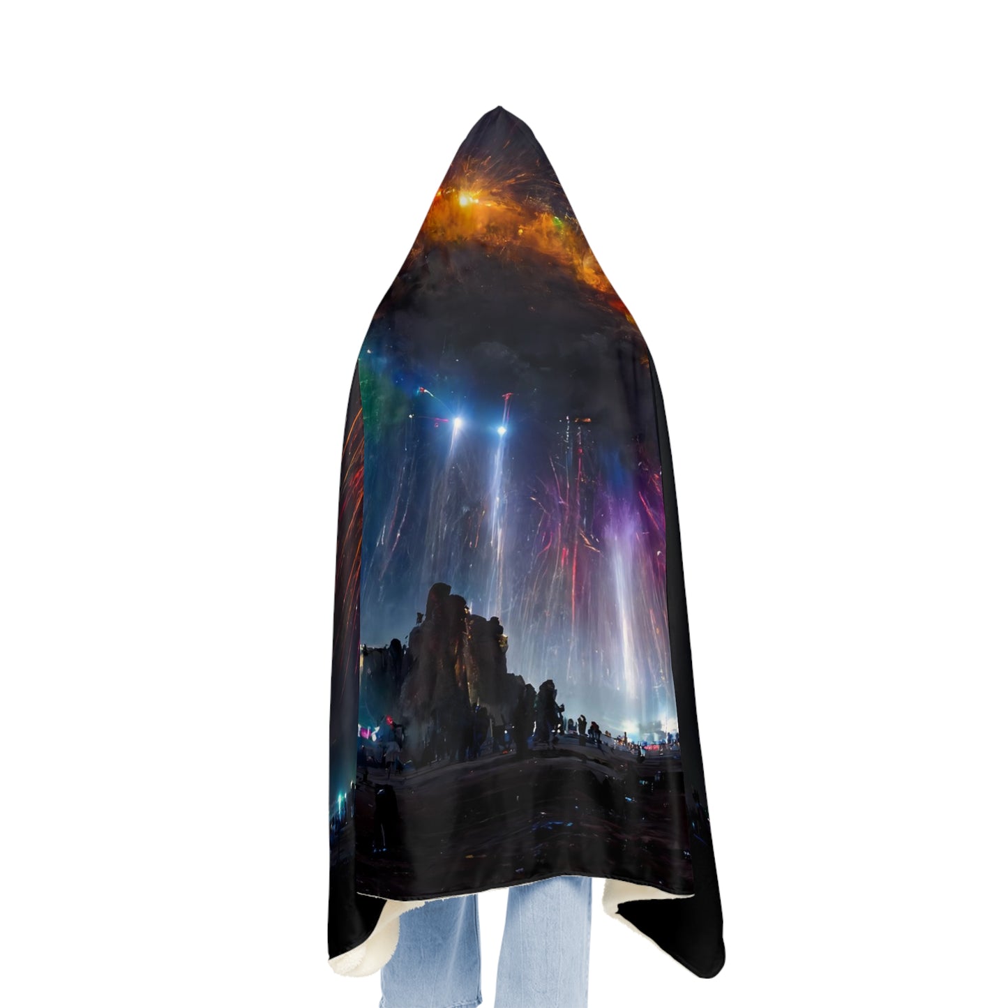 giant rainbow fireworks exploding in the sky, black rock city in the background, lasers and lights illuminating dust, last star in an early morning sky, crowds of people dancing below, award-winning photo, photographic realism - Snuggle Blanket