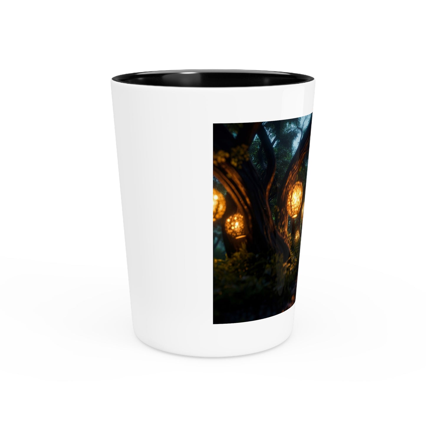 Luminous Forest Path Shot Glass – Warm Lanterns Through Ancient Trees