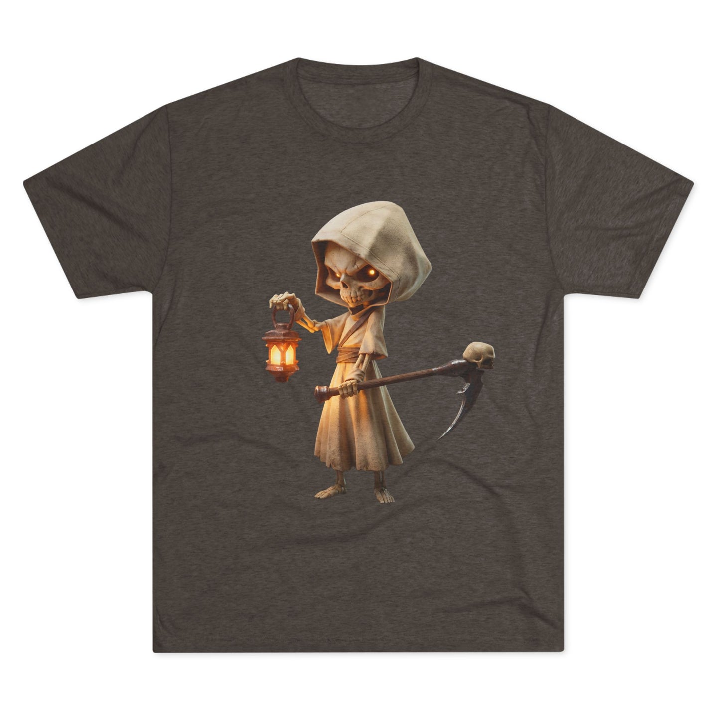 Lantern-Bearing Skeleton Hoodie Tee – Soft Tri-Blend Crewneck with Scythe and Glowing Eyes