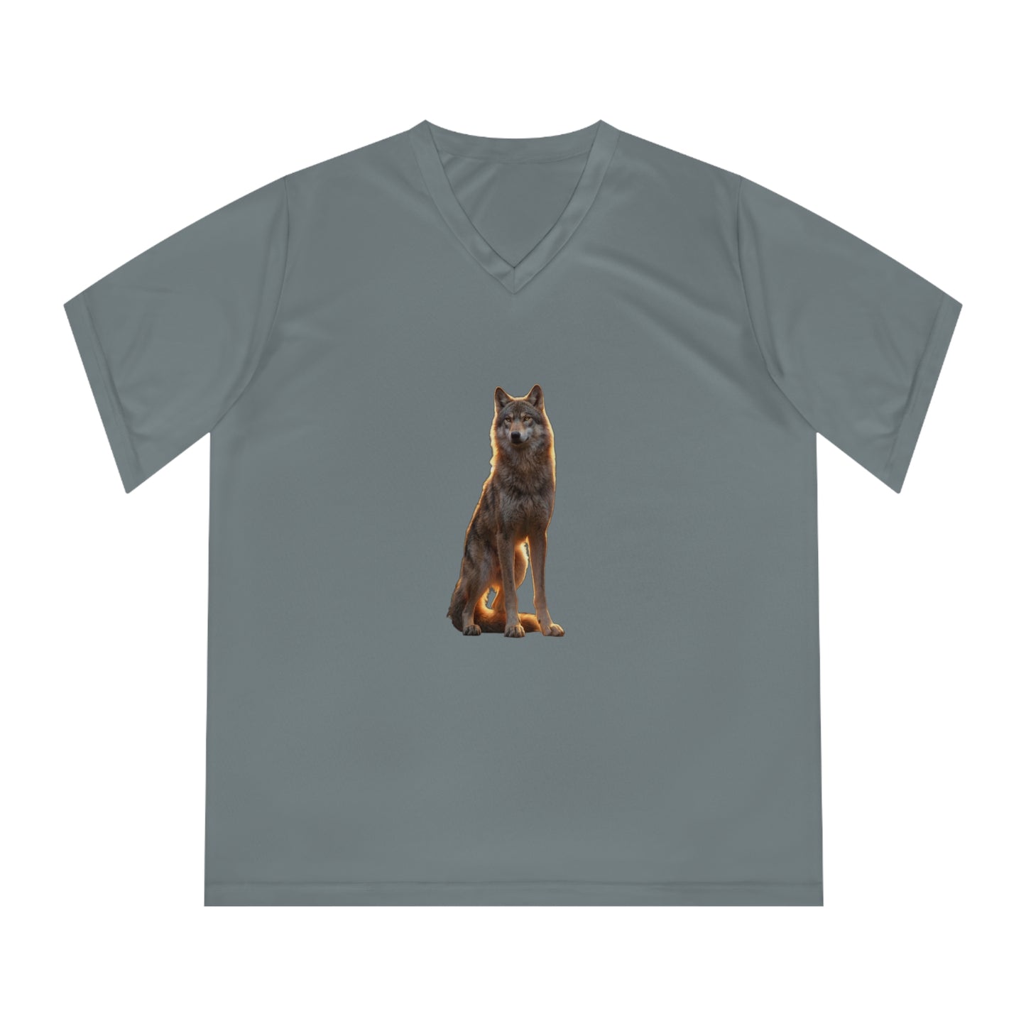 Golden Sentinel Wolf Women's Performance V-Neck T-Shirt – Amber Glow on Black