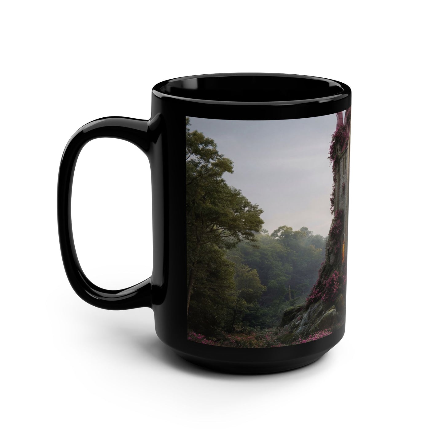 Rosestone Spire Black Mug, 15oz – Blushing Castle at Twilight