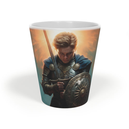Sunlit Sentinel Latte Mug, 12oz – Dawn’s Radiant Armor Design