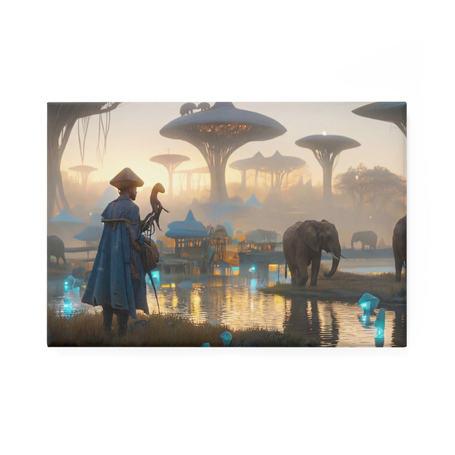 Mystic Elephants & Sky-Trees Button Magnet, Rectangle (1 & 10 pcs) – Dawn’s Whisper in a Dreaming Savannah