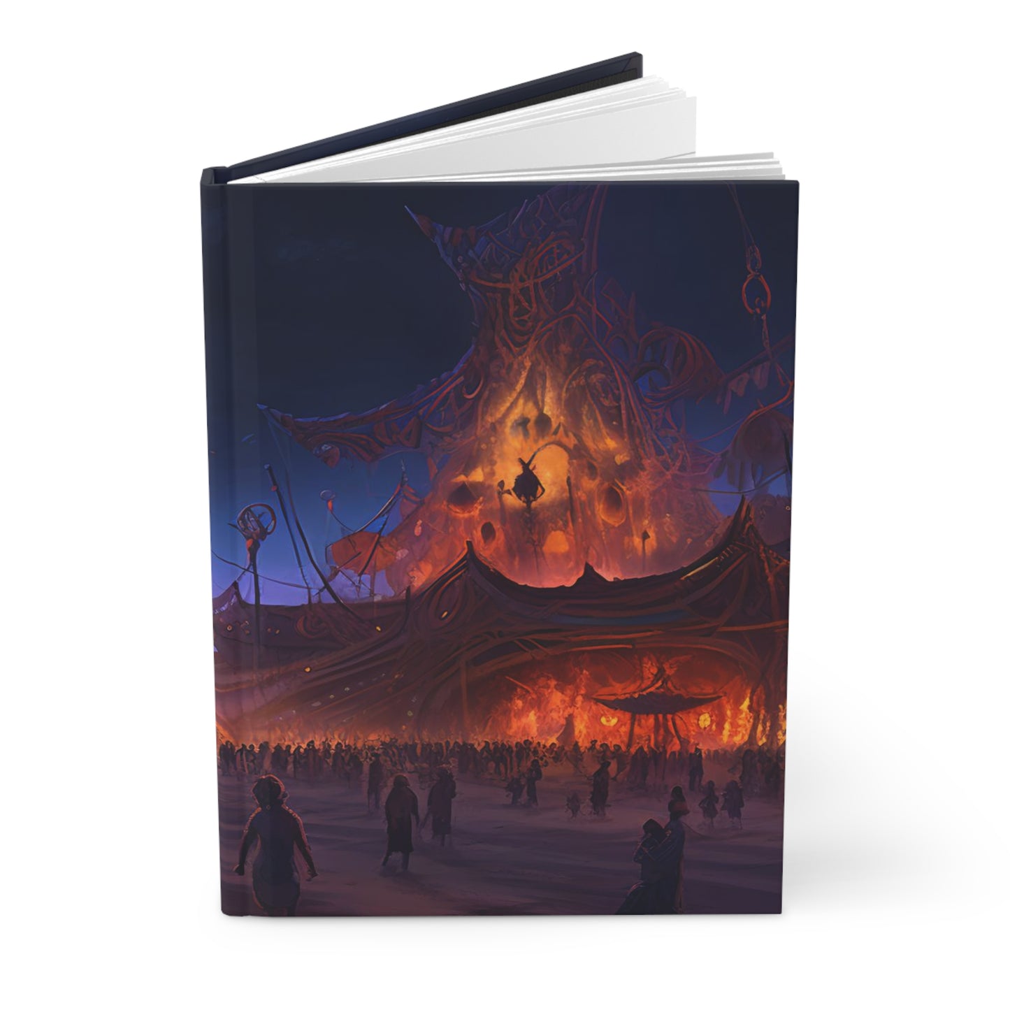 Digital painting of an awe-inspiring night scene at Burning Man, showcasing epic and intricate art installations - Hardcover Journal Matte