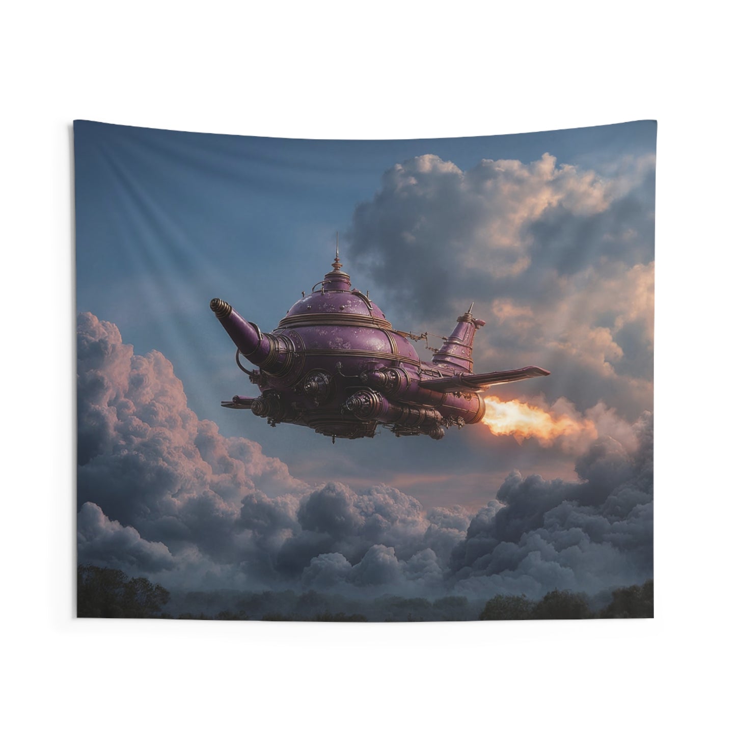 Purple Teapot Airship Indoor Wall Tapestries – Steam-Powered Sky Odyssey