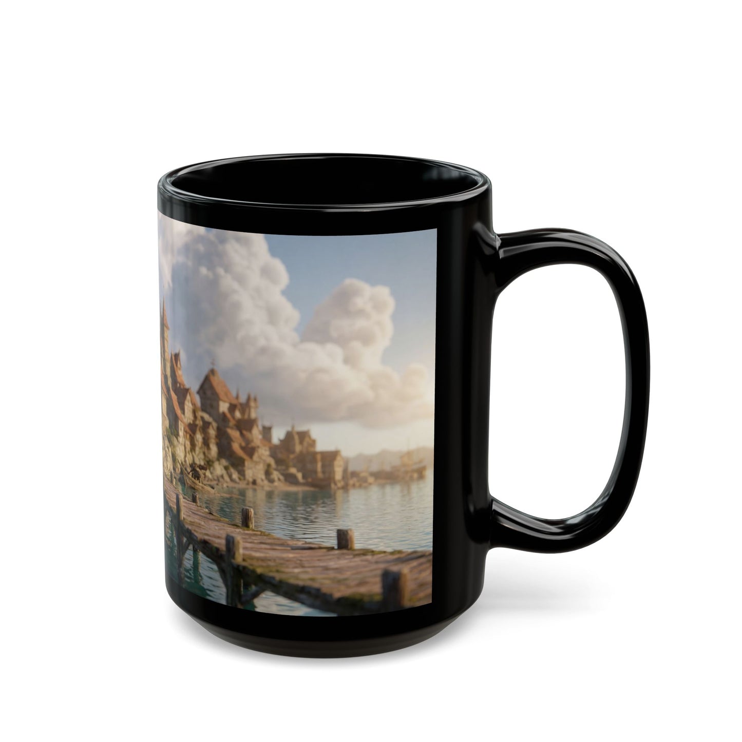Harbor’s Whisper Black Mug – Sunset Coastline Village Dreamscape