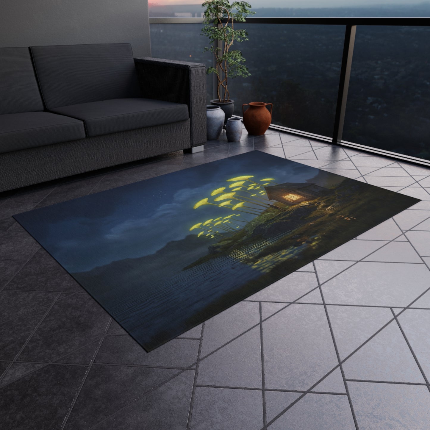 Giant Mushroom Cottage Rug – Bioluminescent Forest Escape