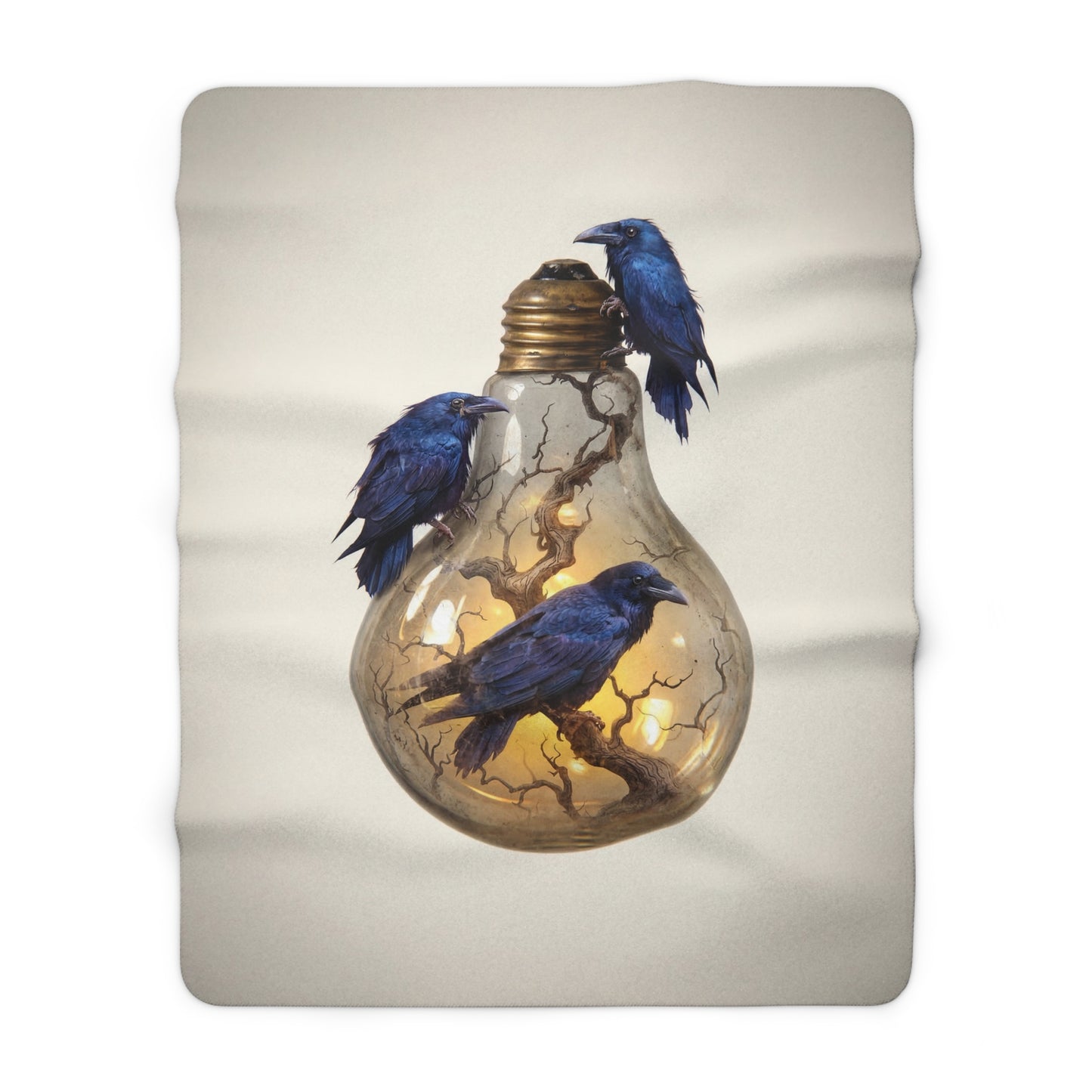 Electric Grove Sherpa Fleece Blanket – Iridescent Ravens & Glowing Bulb