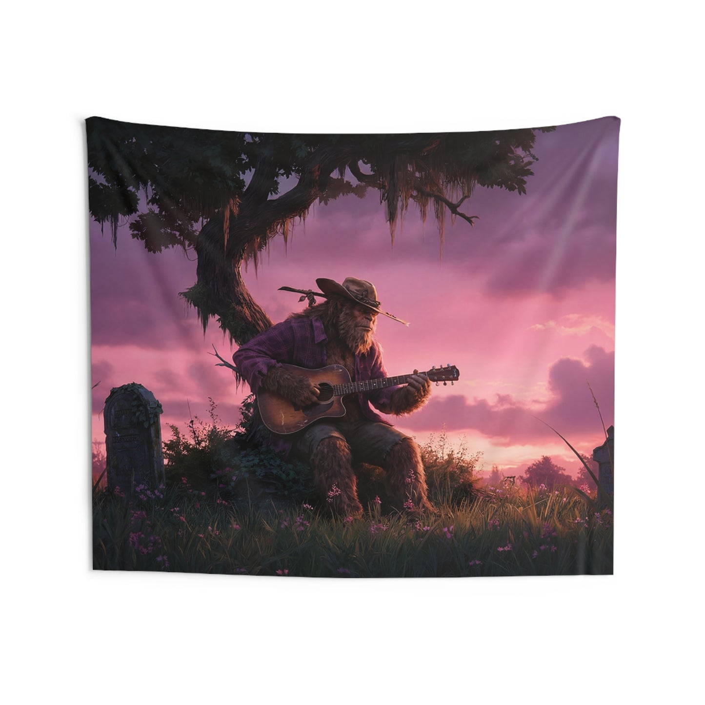 Bigfoot Folk Singer Wall Tapestry – Sunset Serenade in the Whispering Grove