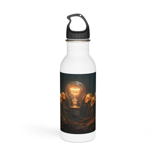 Glowing Lightbulb in Haunted Forest Stainless Steel Water Bottle – Wisdom’s Warm Glow Among the Roots