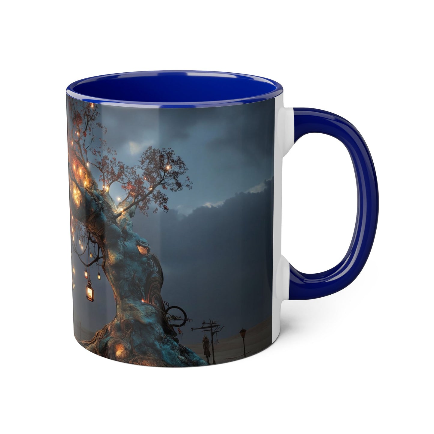 Lantern-Heavy Tree Accent Mugs, 11oz – Amber Glow Over Blue-Glowing Roots