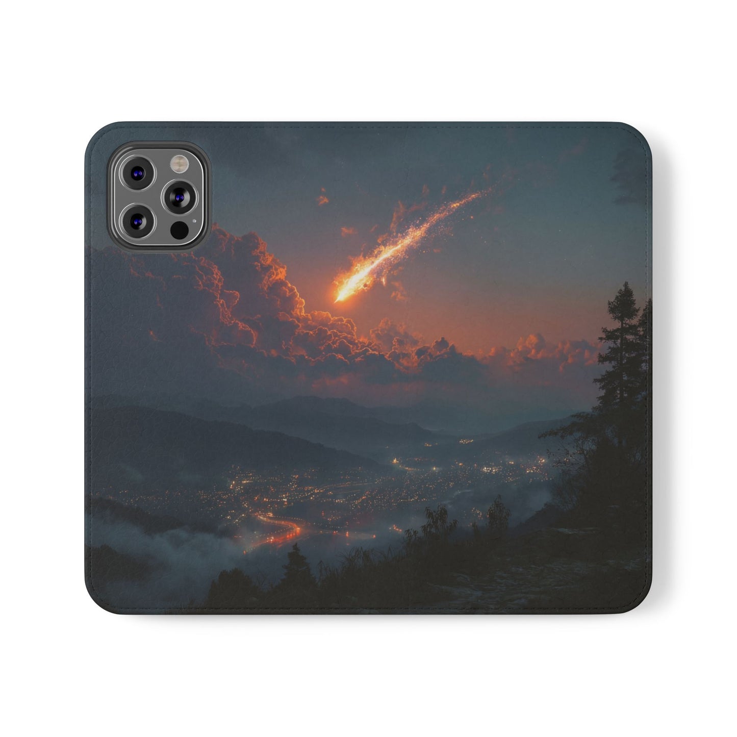 Meteor Over Valley Flip Cases – Crimson Sky Sentinel Cover