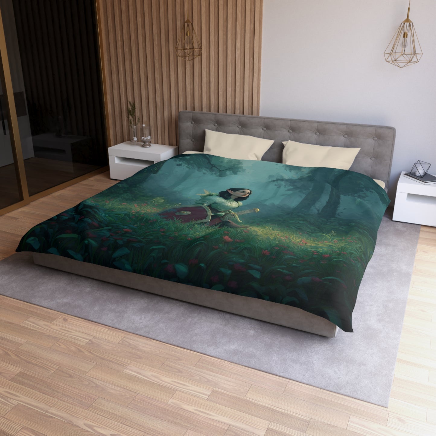 Sentinel Elf Forest Guardian Duvet Cover – Misty Grove Knight Resting Scene