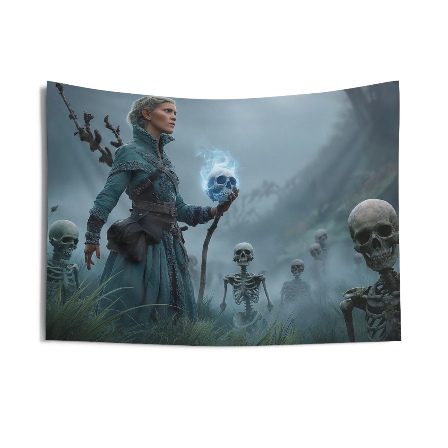 Mistbound Necromancer Wall Tapestry – Blue-Skull Sentinel in Foggy Grove