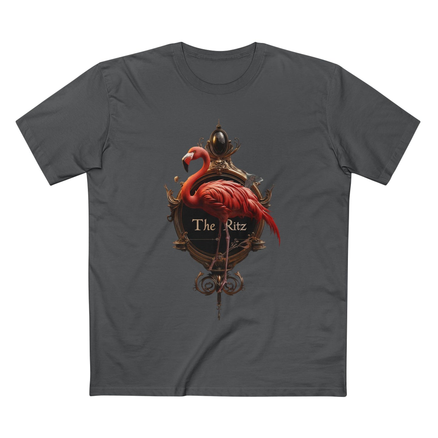 Crimson Flamingo The Ritz Tee – Ornate Gold Crest & Elegant Bird Art