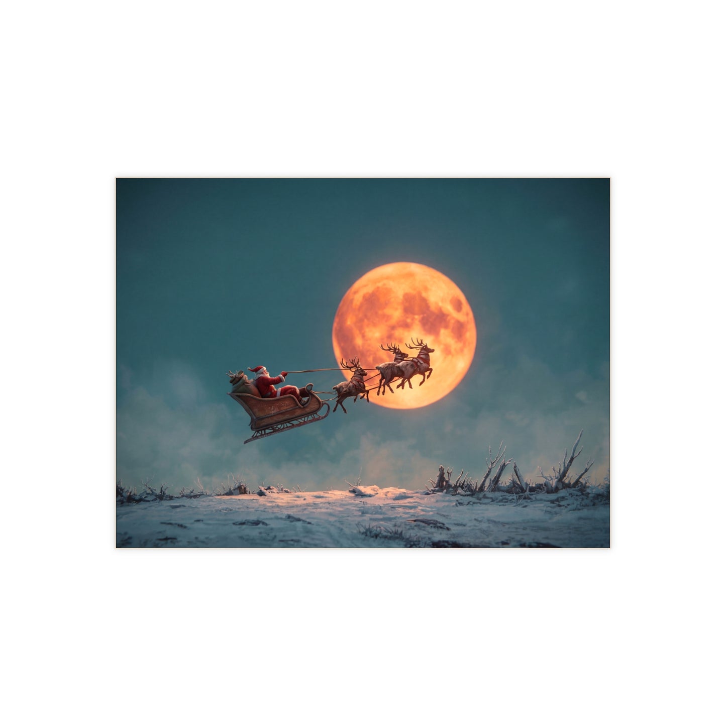 Santa’s Midnight Flight Ceramic Photo Tile – Glowing Full Moon Over Snow