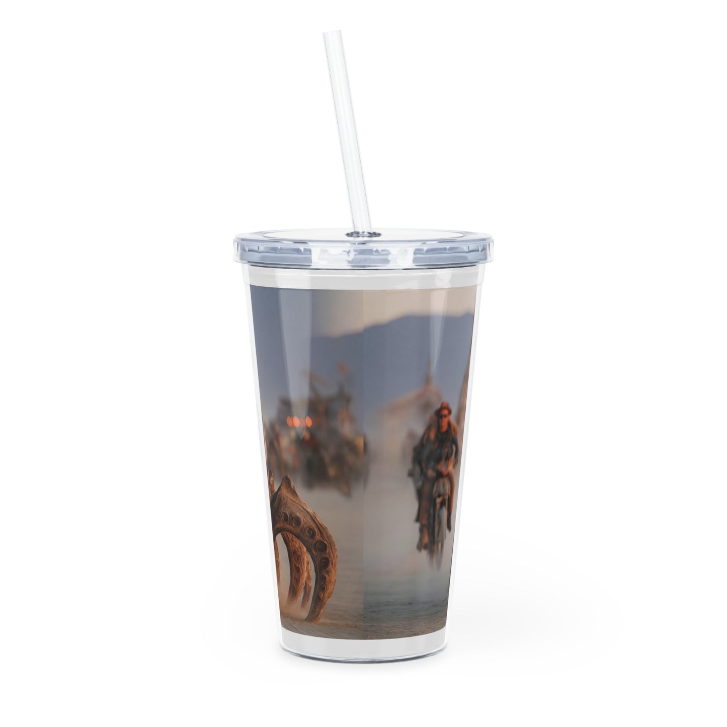 Desert Dragon Bike Tumbler with Straw – Sunset Ride Through Dusty Wasteland