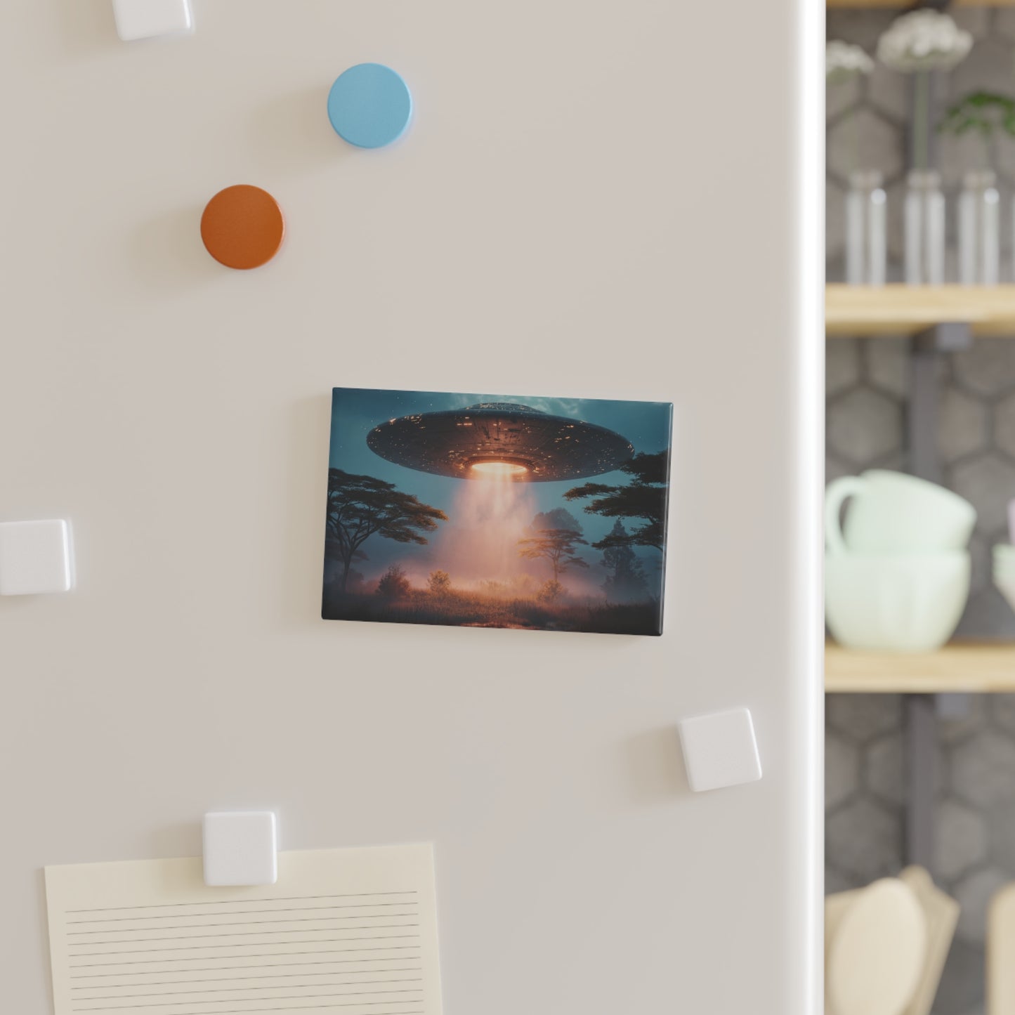 UFO Arrival Button Magnet, Rectangle (1 & 10 pcs) – Warm Light Over Whispering Savannah