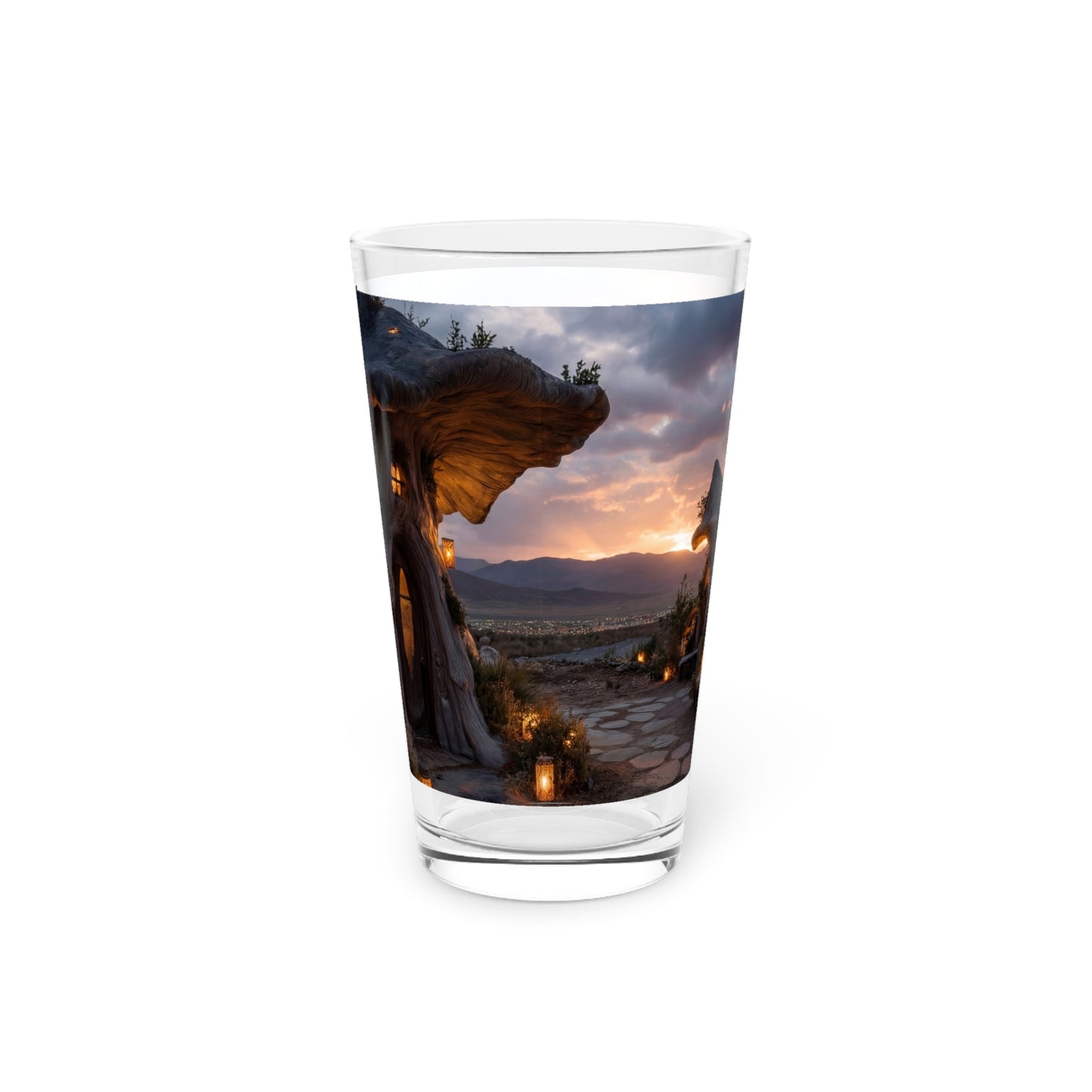 Mushroom Cottage Sunset Pint Glass – Warm Glow Over Whispering Peaks