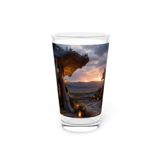 Mushroom Cottage Sunset Pint Glass – Warm Glow Over Whispering Peaks