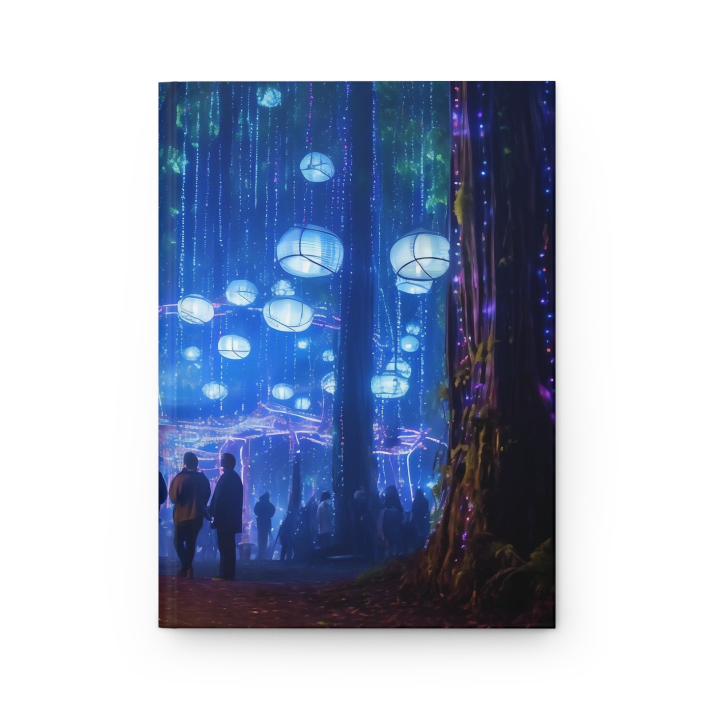 A cyberpunk vision of the Oregon Country Fair, where neon lights illuminate the path, holographic performers entertain the crowd, and the merry blend of tradition and technology creates an enthralling spectacle - Hardcover Journal Matte