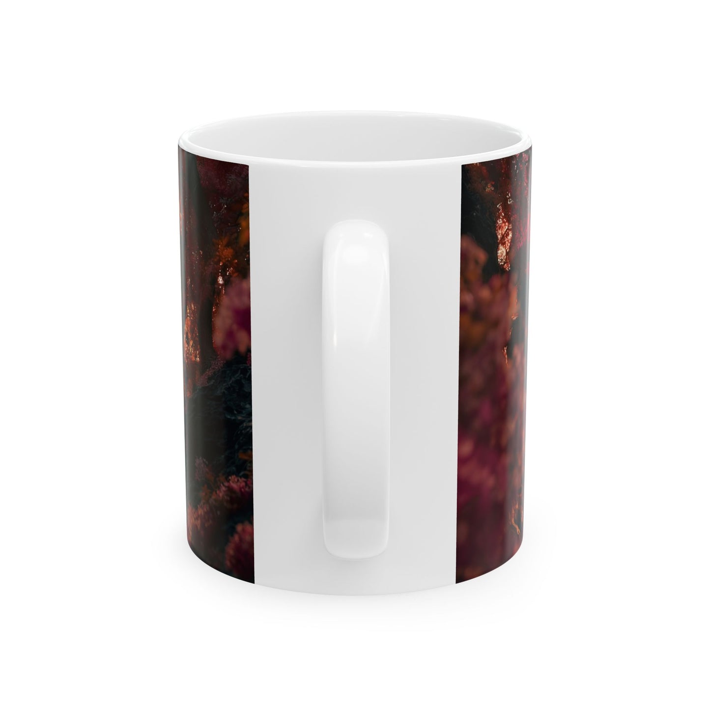 Crimson Canopy Ceramic Mug – Whispers of a Love-Spun Forest