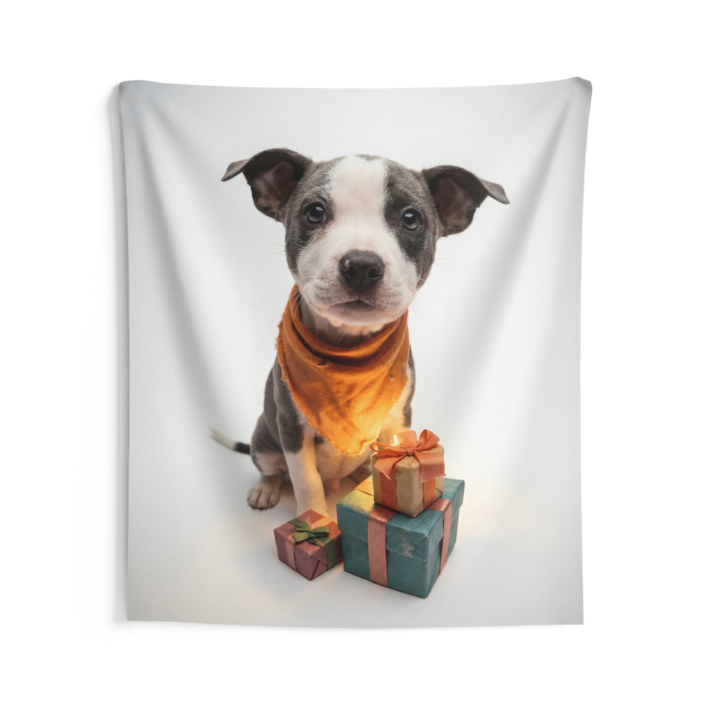 Puppy with Gifts Indoor Wall Tapestries – Warm Orange Bandana & Festive Presents
