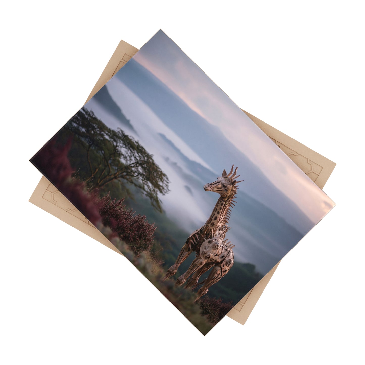 Metal Giraffe Mountain Vista Ceramic Photo Tile – Whispers of the Misty Savannah