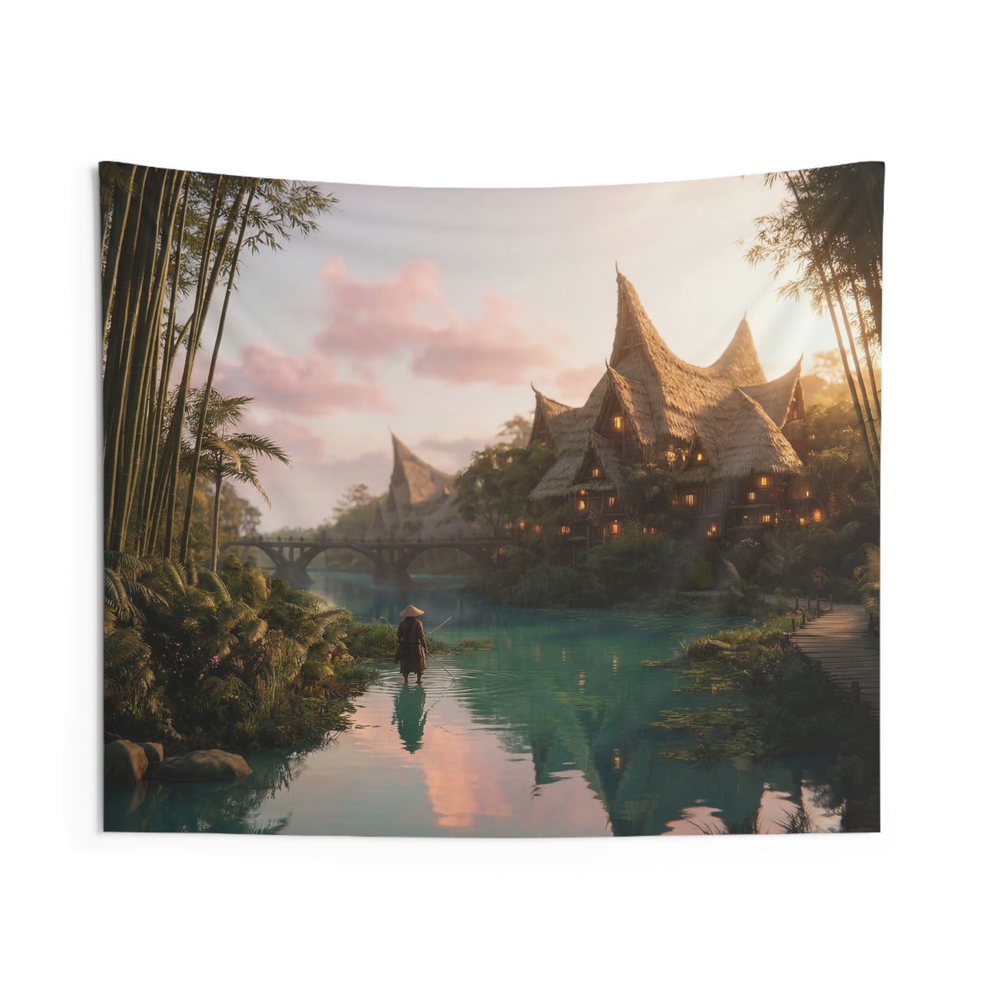 Bamboo River Village Tapestry – Twilight’s Warm Glow Over Water