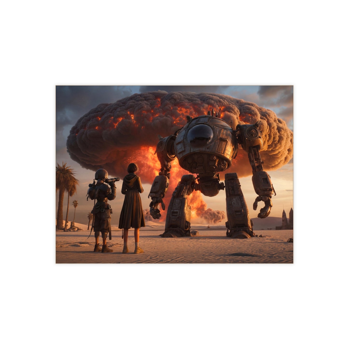 Giant Warbot Desert Dawn Ceramic Photo Tile – Witnessing the Sky’s Fiery Heart