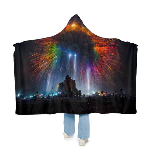 giant rainbow fireworks exploding in the sky, black rock city in the background, lasers and lights illuminating dust, last star in an early morning sky, crowds of people dancing below, award-winning photo, photographic realism - Snuggle Blanket