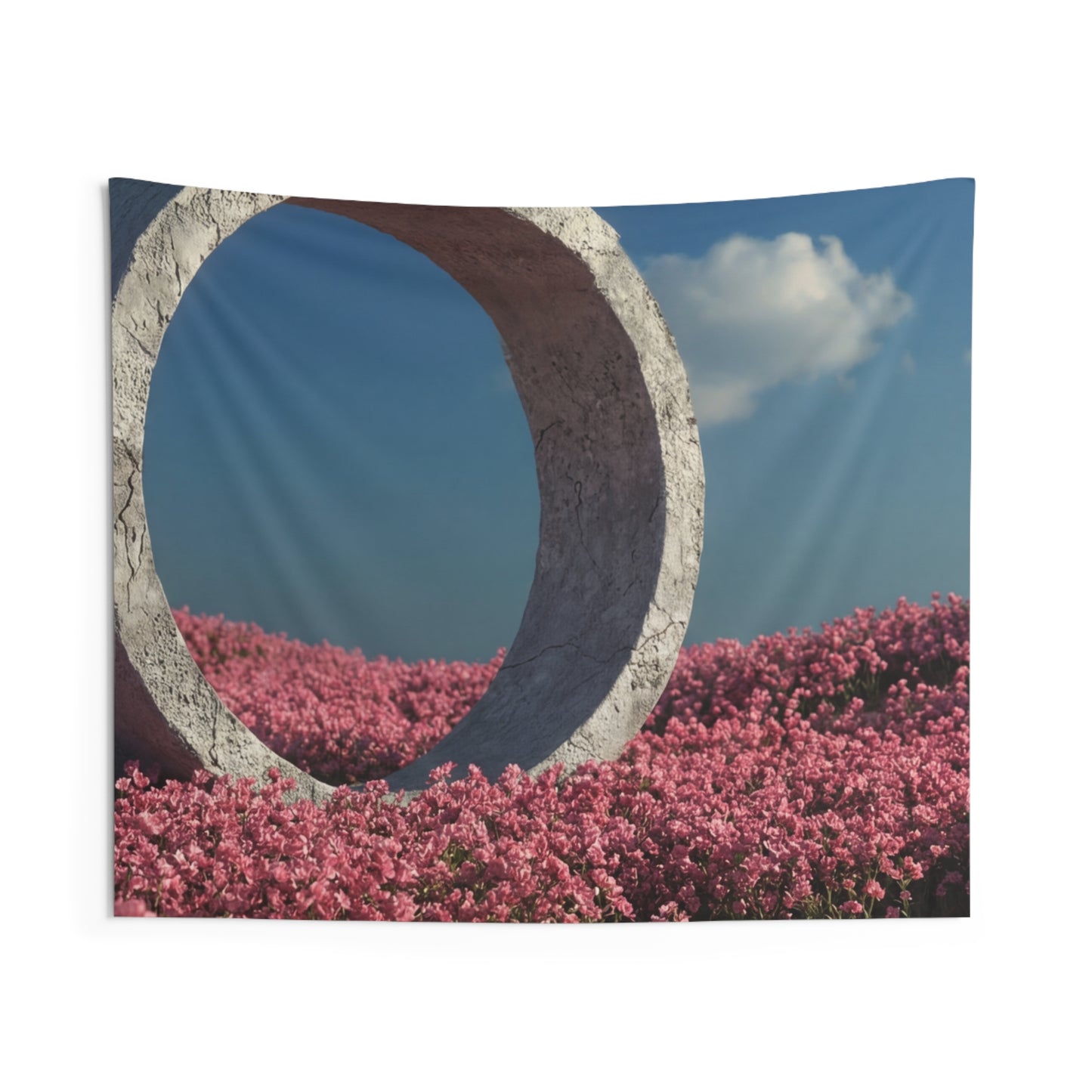 Stone Circle in Pink Bloom Field – Ethereal Gateway Wall Tapestry