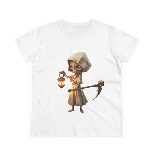 Lantern-Bearing Guardian Women's Midweight Cotton Tee – Hollowed Bone Sentinel