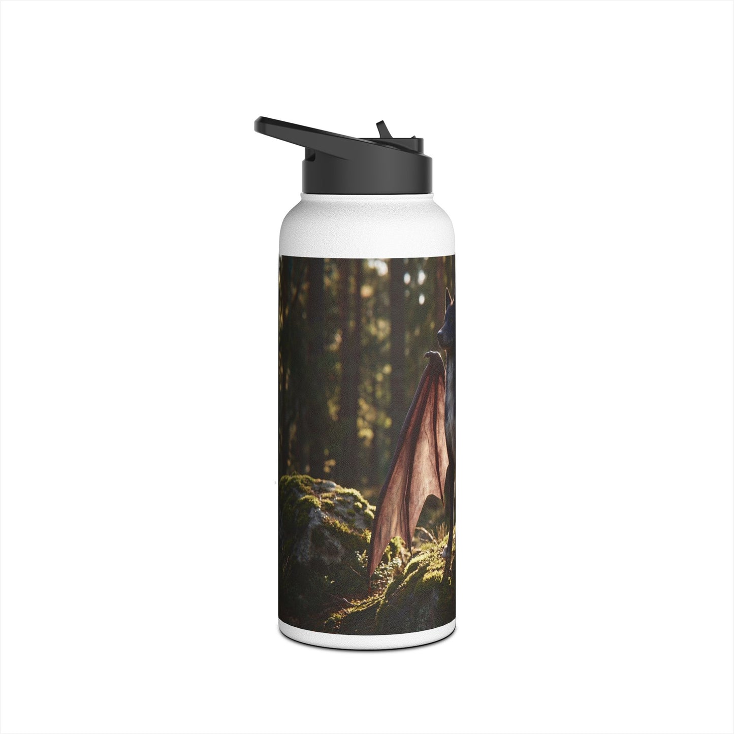Winged Wolf in Sunlit Grove Stainless Steel Water Bottle, Standard Lid – Guardian of the Mossy Pines