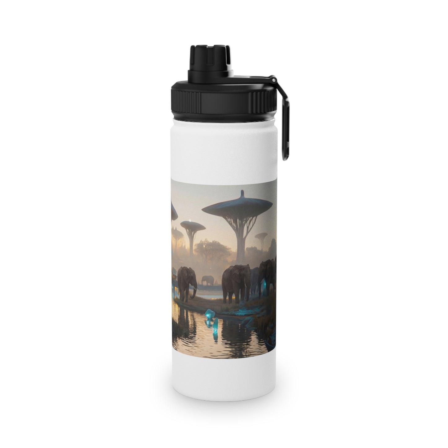 Elephants of the Bio-Luminescent Savanna Stainless Steel Water Bottle, Sports Lid – Twilight Oasis