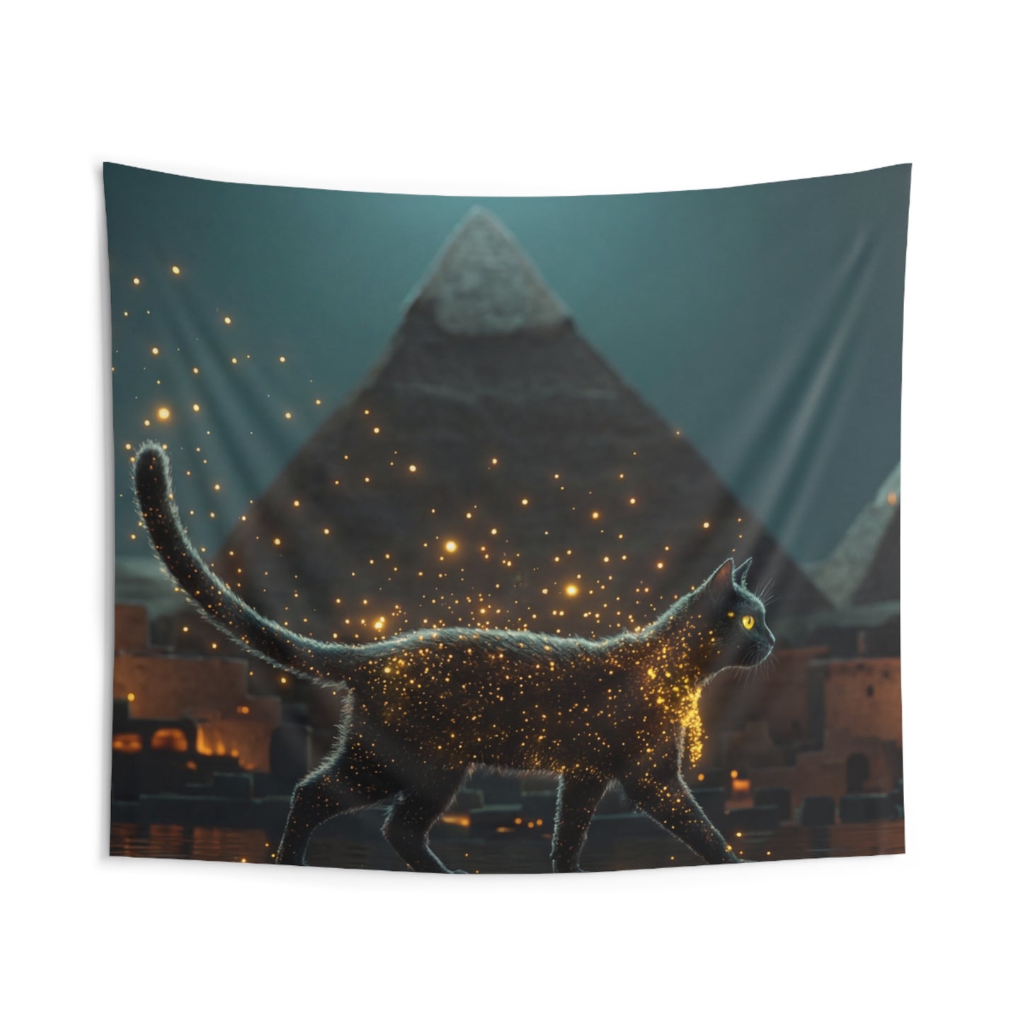 Starlit Cat by Pyramids Indoor Wall Tapestries – Midnight Magic in the Nile