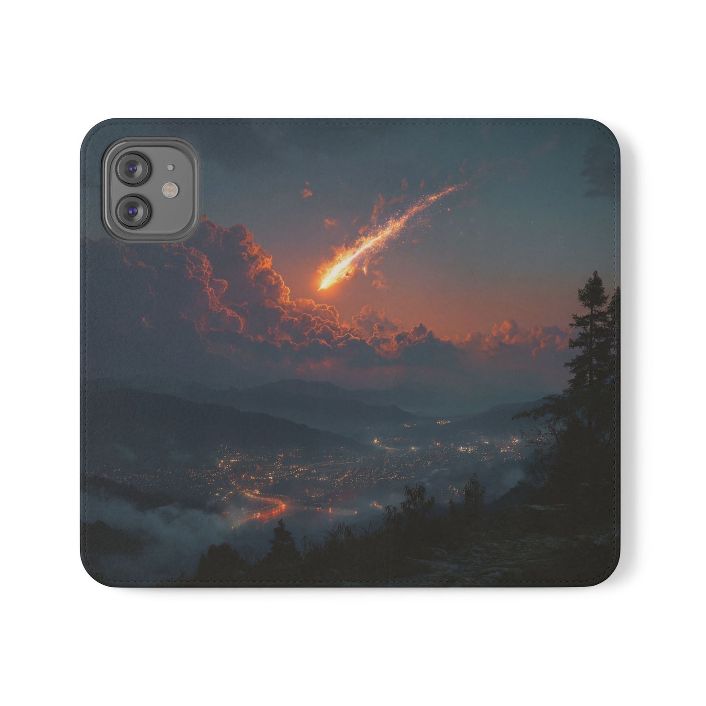 Meteor Over Valley Flip Cases – Crimson Sky Sentinel Cover