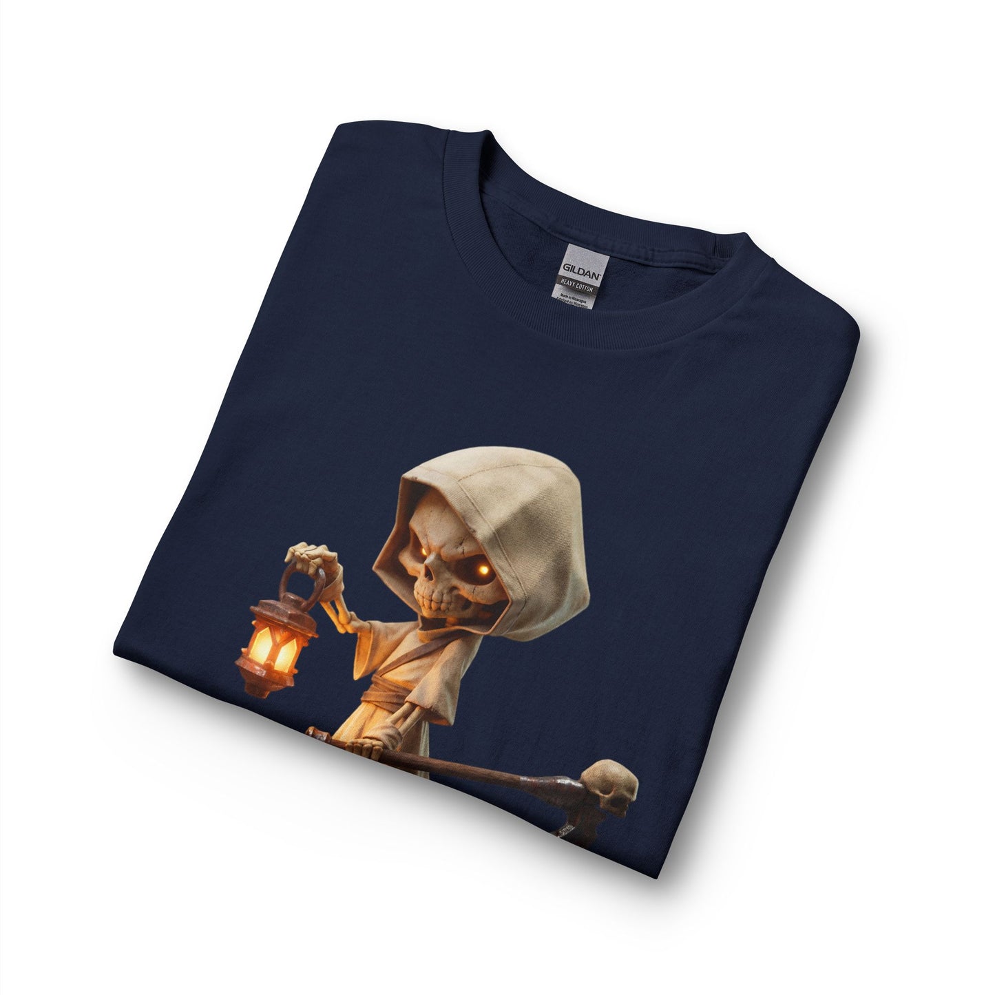Lantern-Bearing Skeletal Guardian Unisex Long Sleeve T-Shirt – Warm Glow Against Black Canvas