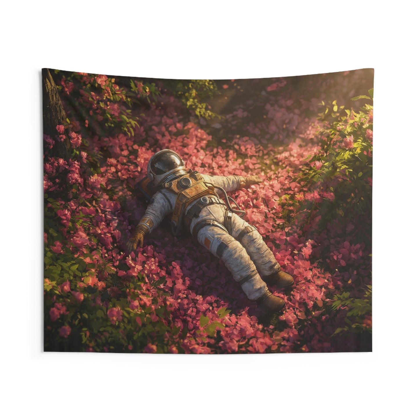 Astronaut Amidst Pink Petals Indoor Wall Tapestries – Sunset Garden Requiem