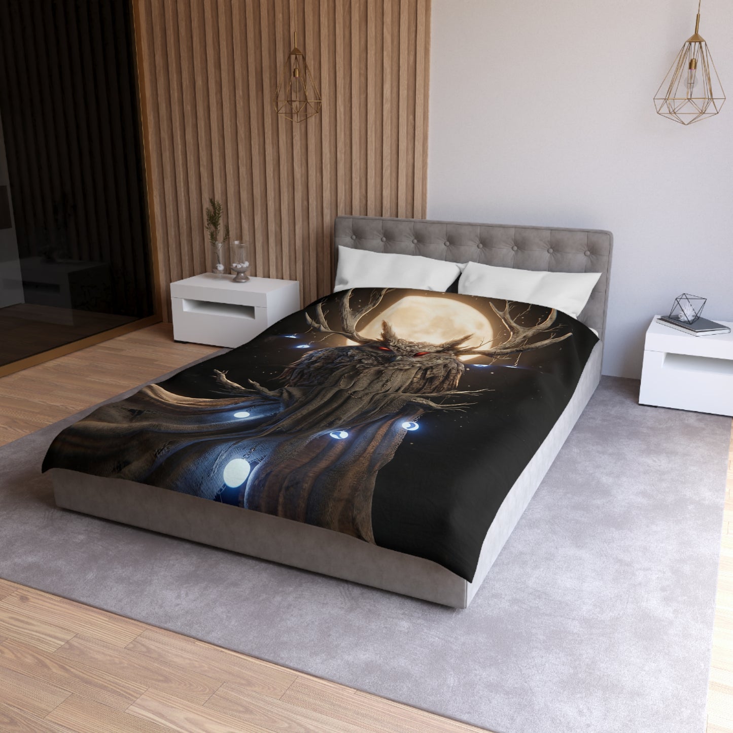 Moonlit Owl Sentinel Microfiber Duvet Cover – Crimson-Eyed Watcher of the Night