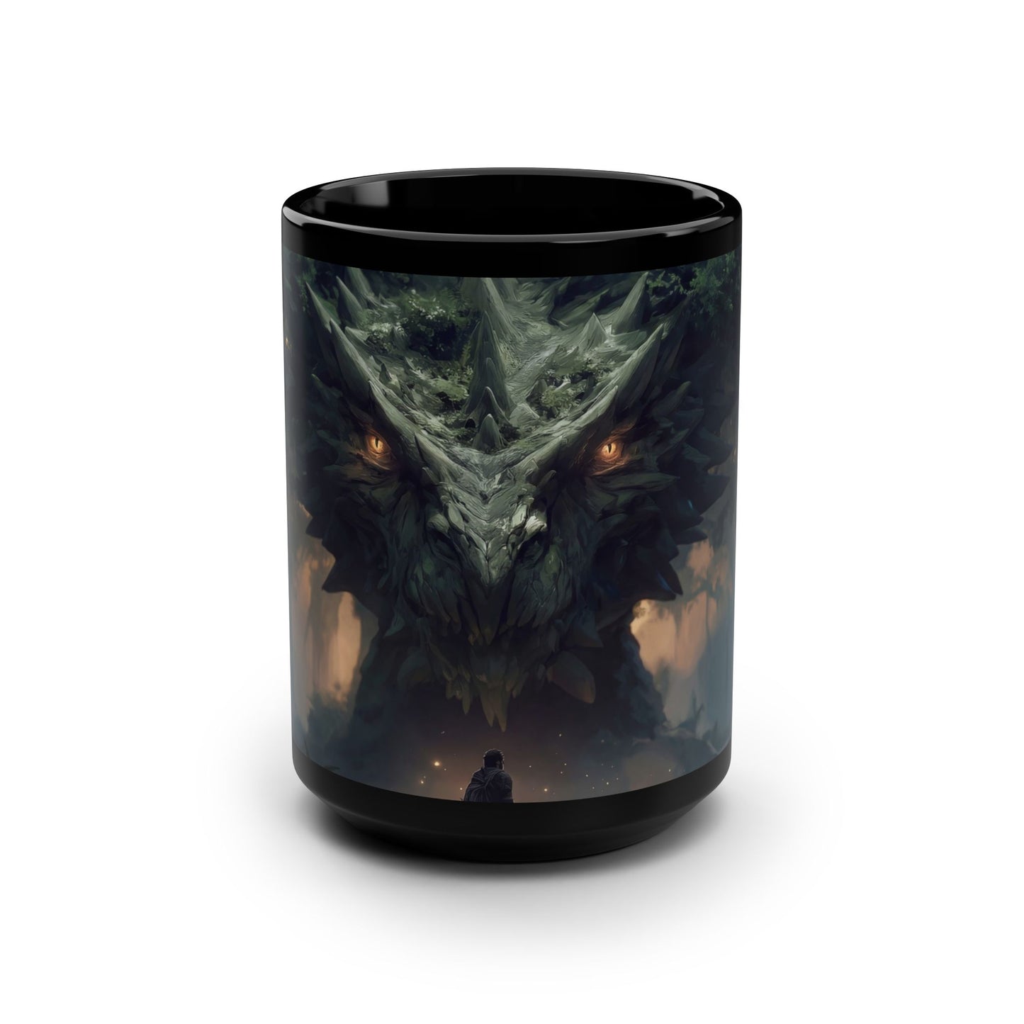 Ancient Guardian Dragon Black Mug, 15oz – Moss-Covered Forest Sentinel